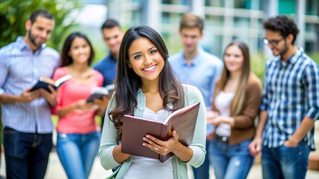 a girl with a book that says quot she is smiling quot