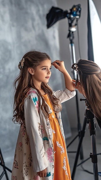 a girl with a bow in her hair is getting ready for the show