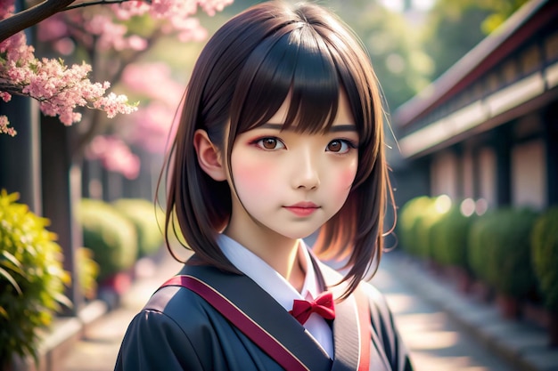 a girl with a bow on her hair is standing in front of a japanese style japanese style building