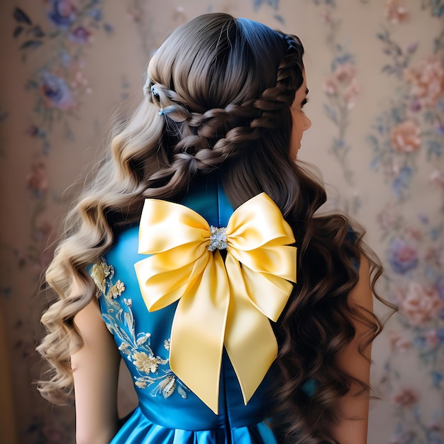 Photo a girl with a bow in her hair is wearing a blue dress with yellow ribbon