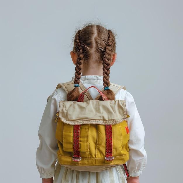 Photo a girl with a braid in her hair is wearing a yellow backpack