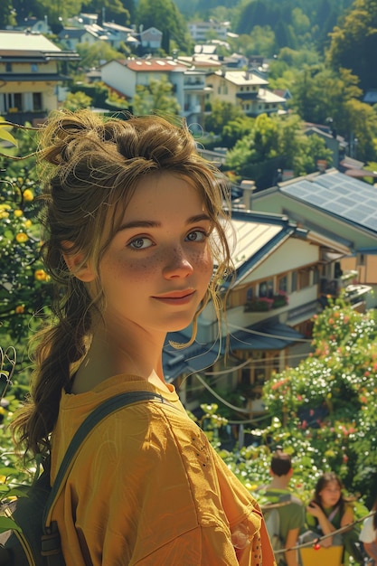 a girl with a braid in her hair stands on a hill