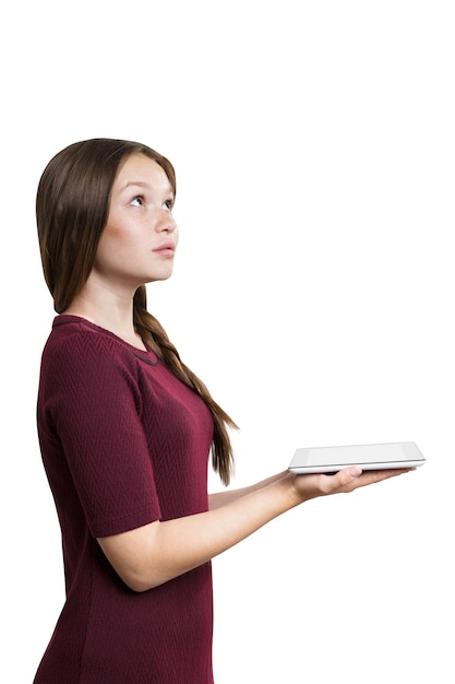 Girl with braid holding tablet