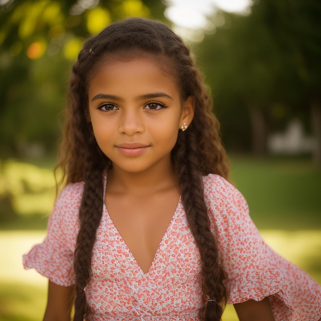 A girl with braids in her hair stands in a park.