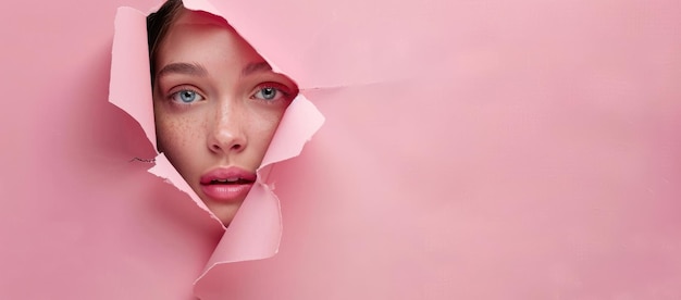 Girl with Bright Makeup Peering Through Pastel Paper