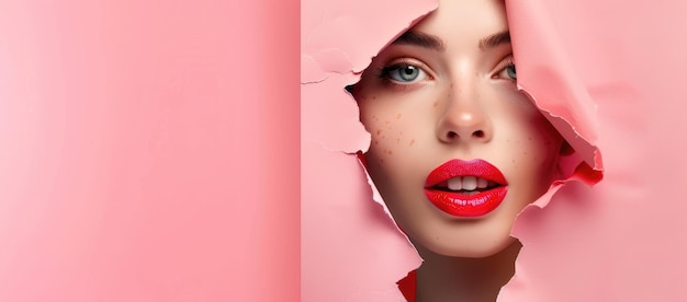 Girl with Bright Makeup Peering Through Pastel Paper