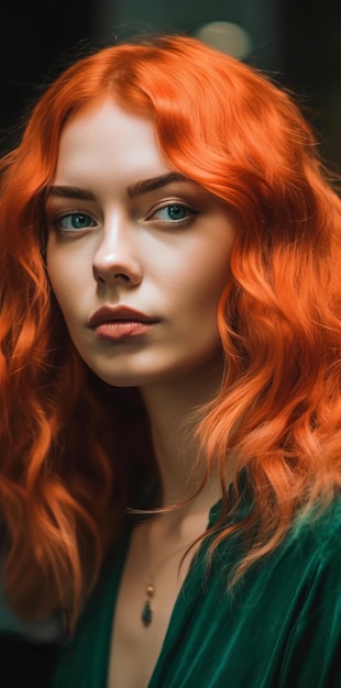 A girl with bright red hair is looking at the camera.