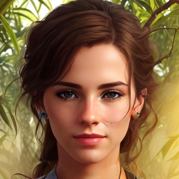 A girl with brown hair and blue eyes is in a forest.