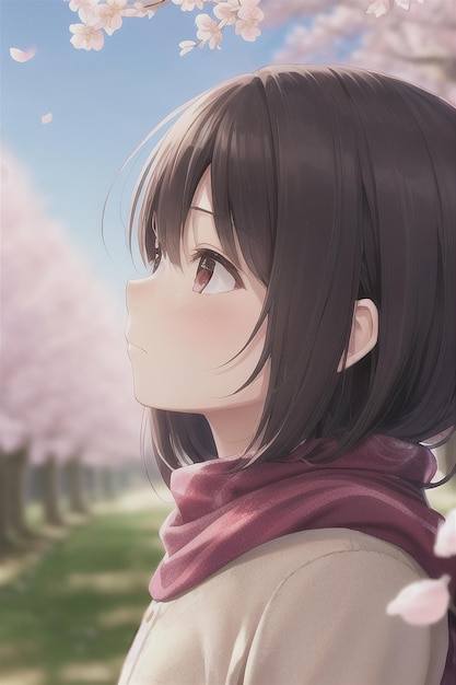 A girl with brown hair and a pink scarf looks up at the sky