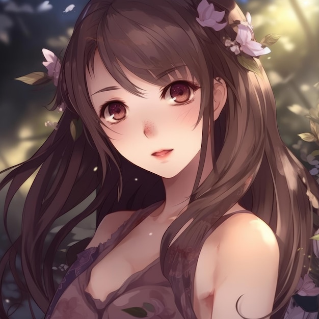 A girl with brown hair and a purple dress with flowers on her head.