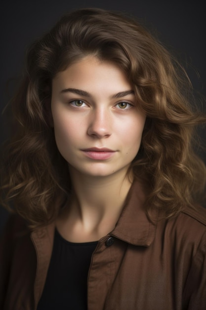 A girl with a brown jacket and a black shirt