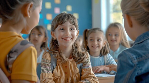 a girl with a brown shirt is sitting at a desk with other children