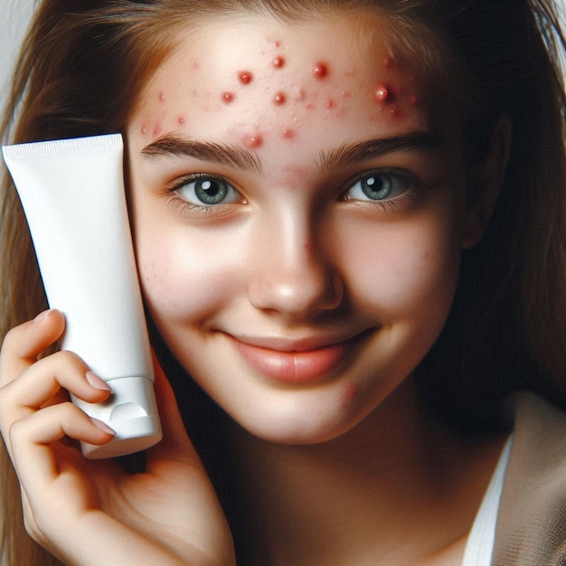 a girl with a bump on her face is holding a tube of acne