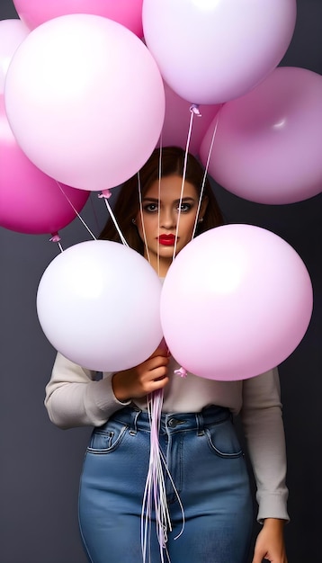 Photo a girl with a bunch of pink balloons in her hands