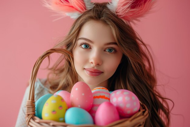 Girl With Bunny Ears Holding Basket of Eggs