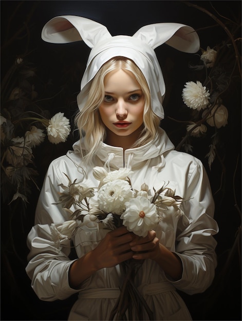 A girl with a bunny ears and a white hat holding a bouquet of flowers.