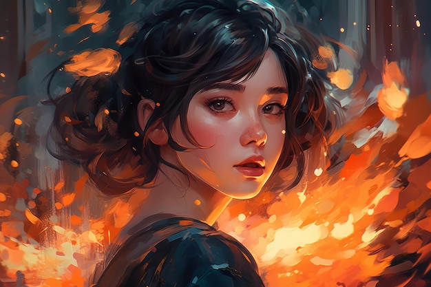 A girl with a burning fire on her face