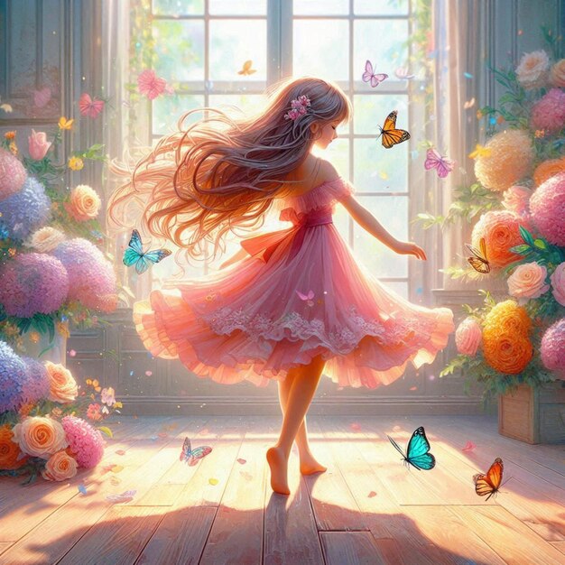 a girl with butterflies and butterflies in front of a window