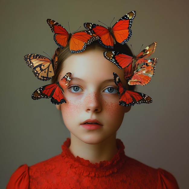 Photo a girl with butterflies on her head and the words butterfly on her face