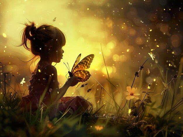 Photo a girl with a butterfly in her hand is sitting in the grass with the sun behind her