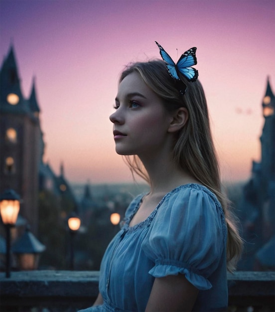 a girl with a butterfly on her head stands in front of a cityscape