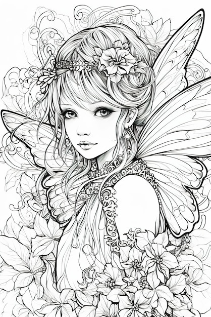 A girl with a butterfly wings and flowers in her hair AI generative image Coloring book pattern