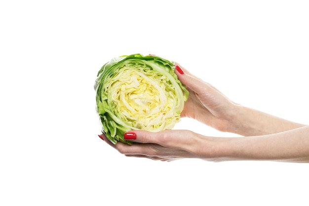 Girl with cabbage in her arms Young woman keeps cabbage Vegetables in the hands of a woman Healthy food Ecological products