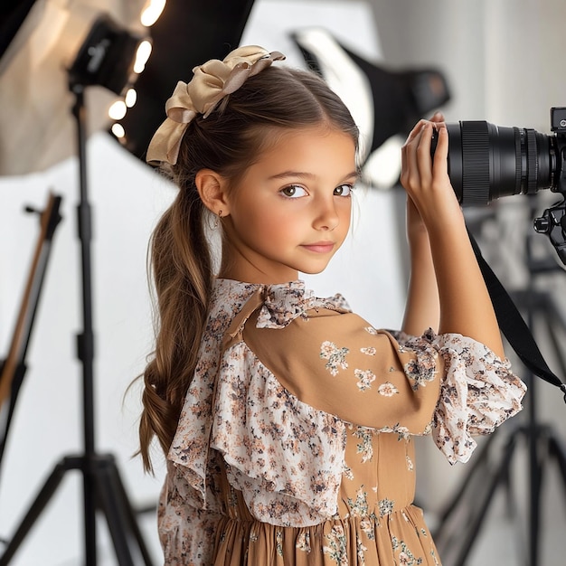 a girl with a camera and a camera in front of her