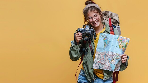 Photo a girl with a camera and a map on her shoulder