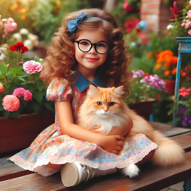 Girl with Cat in a Beautiful Garden