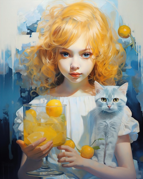 a girl with a cat and a bottle of orange juice