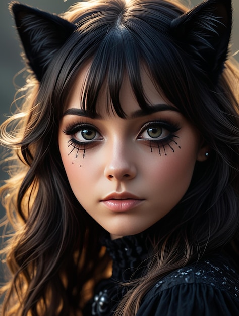 Photo a girl with a cat face and eyes and a cats face