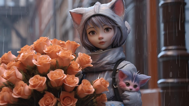 A girl with a cat on her shoulder holds a bouquet of orange roses.