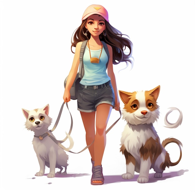 girl with cat walking with cute dogs