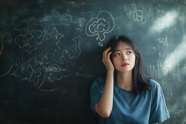 a girl with a cloud on her head is sitting in front of a blackboard with the words cloud on it