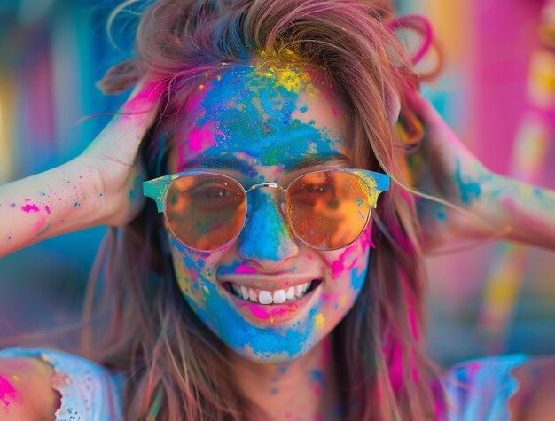 a girl with a colorful face paint on her face is covered in colored powder