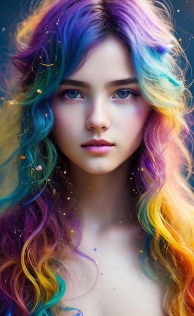 A girl with colorful hair and a blue background