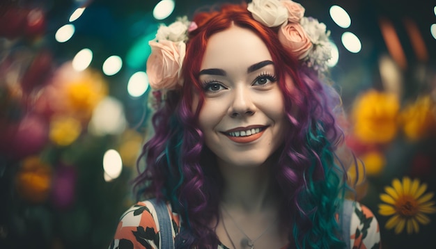 A girl with colorful hair and flowers on her head