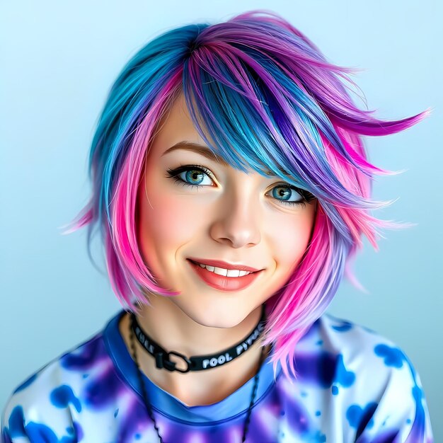 Photo a girl with colorful hair has a blue and purple shirt that says quot ana quot