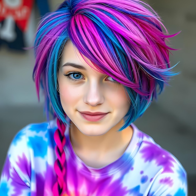 Photo a girl with colorful hair has a purple and blue eyes