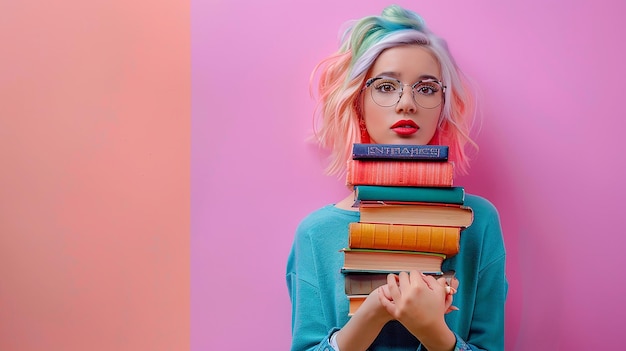 a girl with colorful hair holding a stack of books