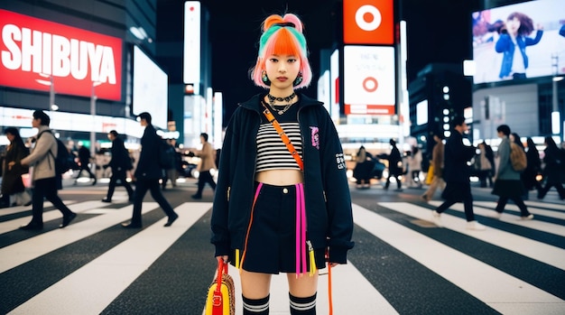 Photo a girl with colorful hair and a striped top is standing in a crosswalk