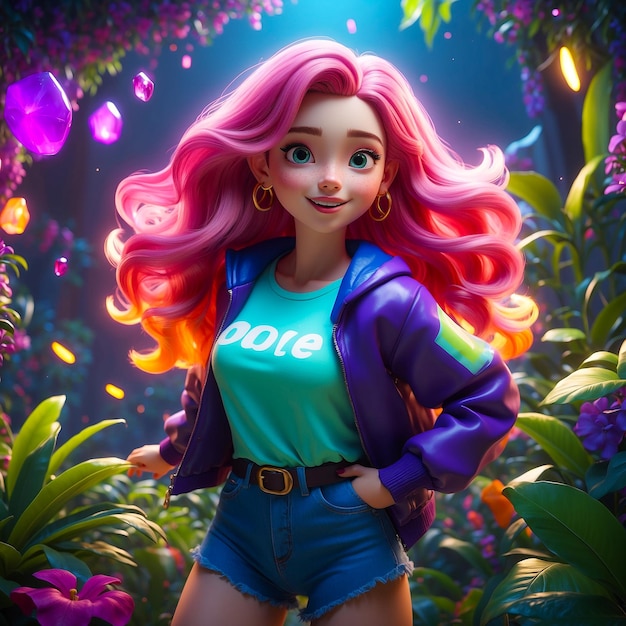 Girl with colorful hair in a vibrant forest generated by AI