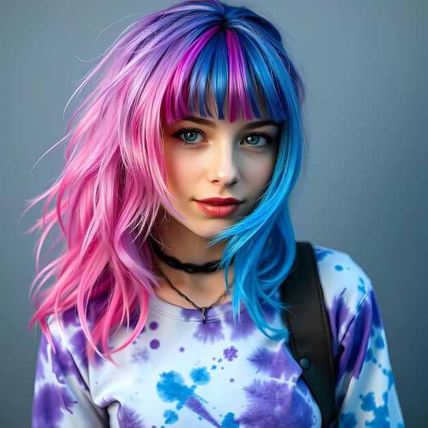 Photo a girl with colorful hair wearing a shirt with the word quot i love quot on it