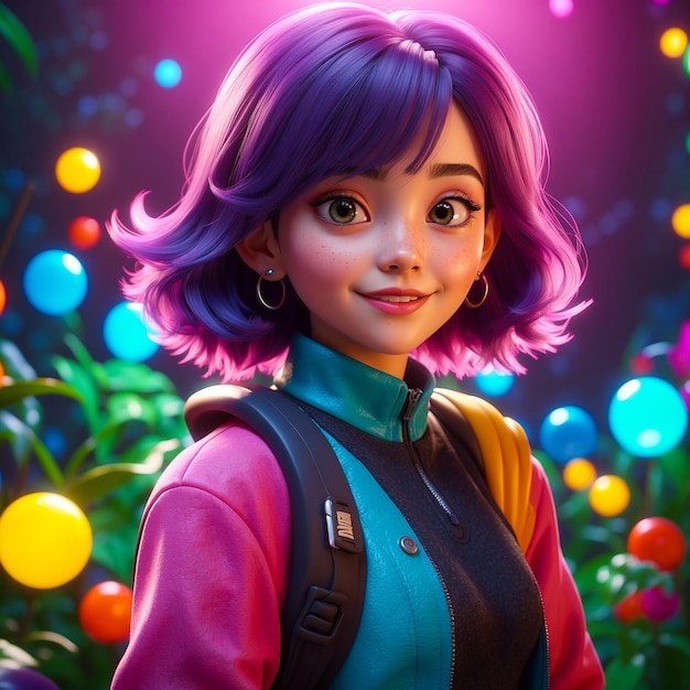 Girl with colorful hairstyle in a magical forest generated by AI