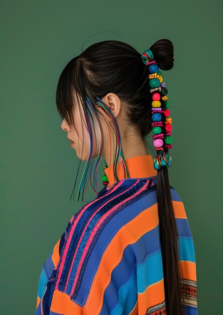 Photo a girl with colorful rubber bands in hair against a green background