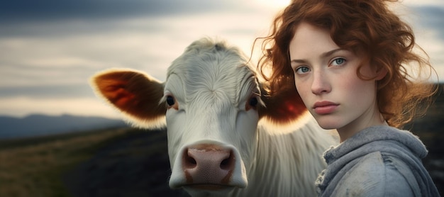 girl with a cow closeup portrait Generative AI