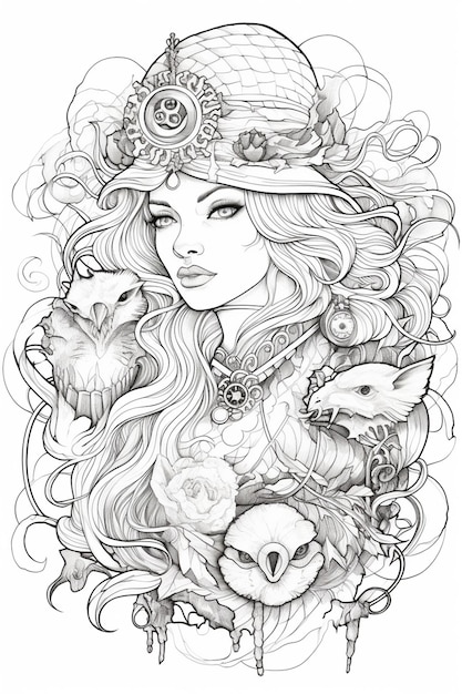 a girl with a crown of birds and birds