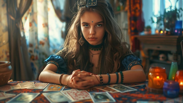 Photo a girl with a crown on her head sits in front of a table with money and cards