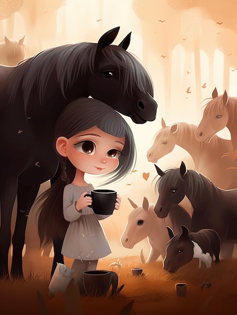 a girl with a cup of coffee and a horse in the background